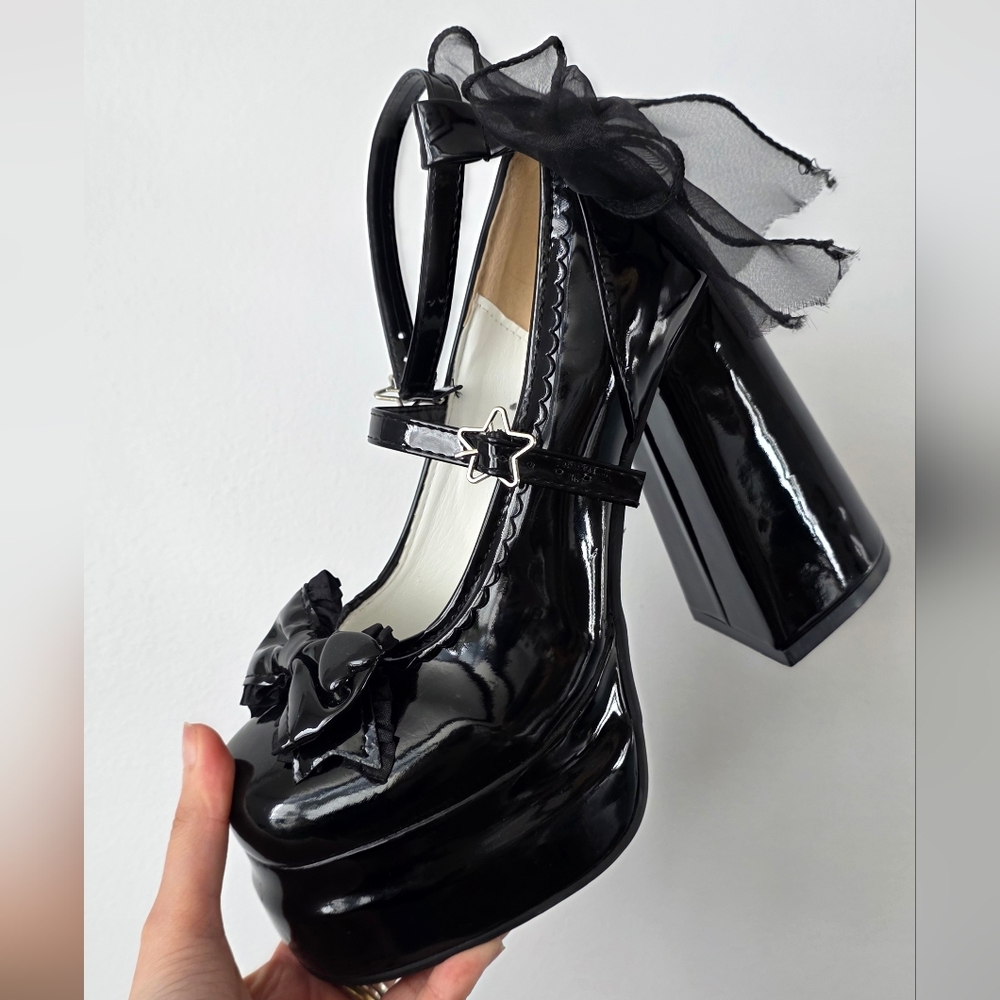 Black Platform Heels with Star Buckle & Bow